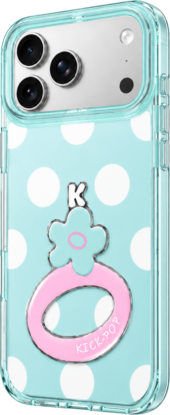 Aqua Polka phone case with a pink flower ring stand