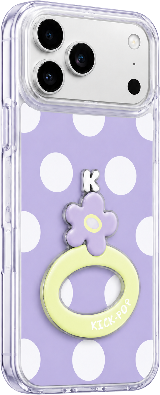 Lilac Polka phone case with glossy edges and a yellow ring stand