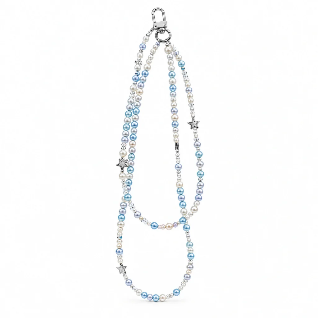 Blue Pearl Long Strap — the complete original accessory and its separate pieces on white. AI styling visualization.