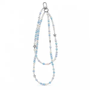 Blue Pearl Long Strap — the complete original accessory and its separate pieces on white. AI styling visualization.