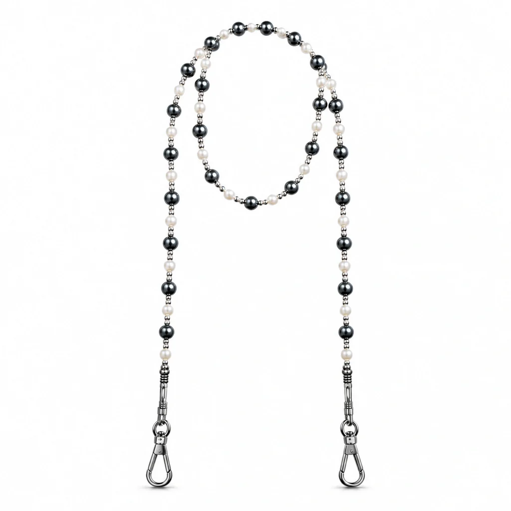 Graphite Pearl Long Strap — the complete original accessory and its separate pieces on white. AI styling visualization.