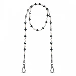 Graphite Pearl Long Strap — the complete original accessory and its separate pieces on white. AI styling visualization.