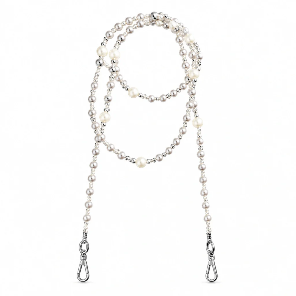 Ivory Pearl Long Strap — the complete original accessory and its separate pieces on white. AI styling visualization.