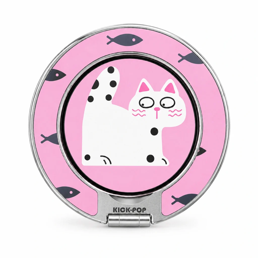 Cat & Fish Pink Ring Stand — front view on a white background. AI styling visualization.