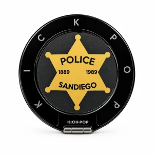 Golden Badge Ring Stand — front view on a white background. AI styling visualization.