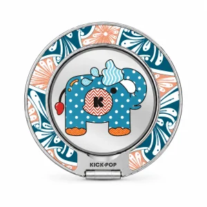 Patchwork Elephant Blue Ring Stand — front view on a white background. AI styling visualization.