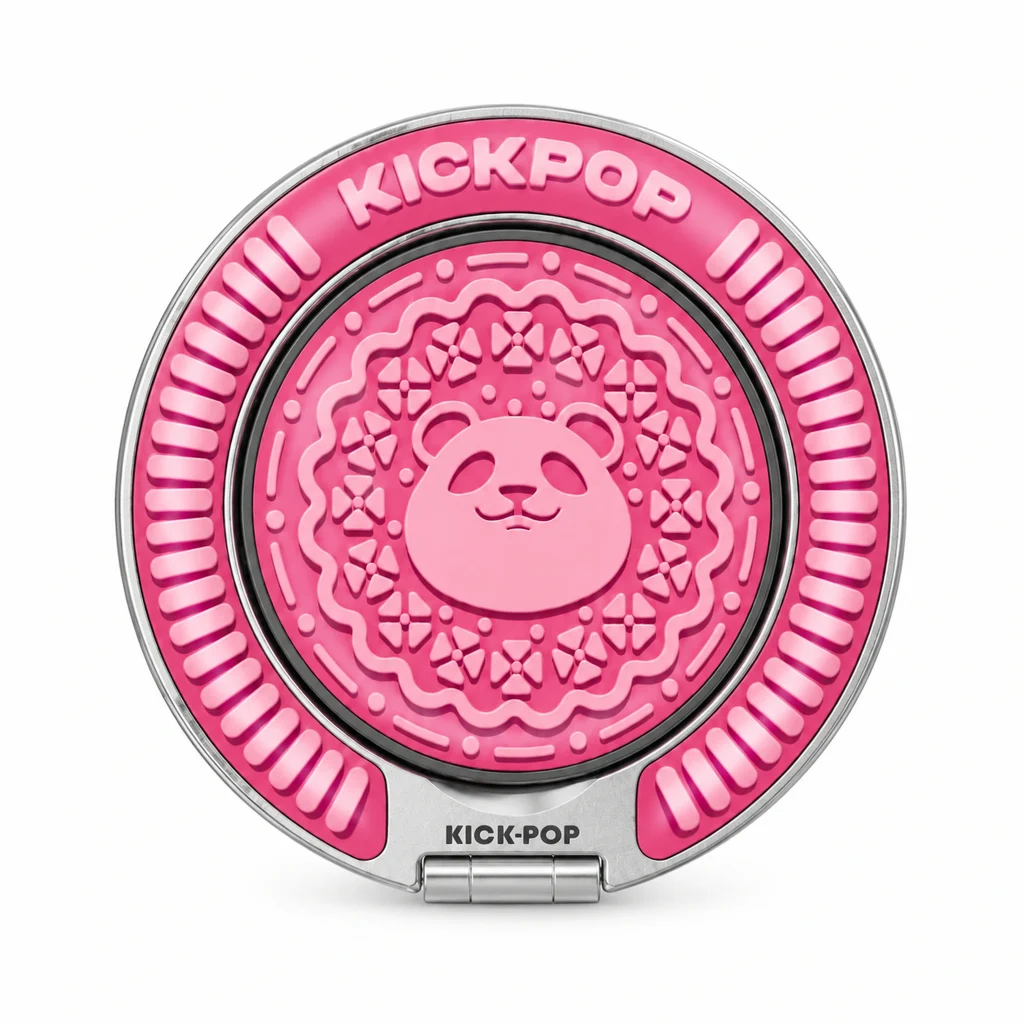 Panda Cookie Pink Ring Stand — front view on a white background. AI styling visualization.