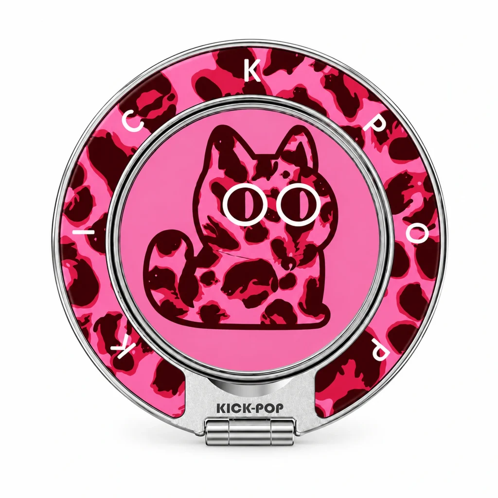 Leopard Cat Pink Ring Stand — front view on a white background. AI styling visualization.
