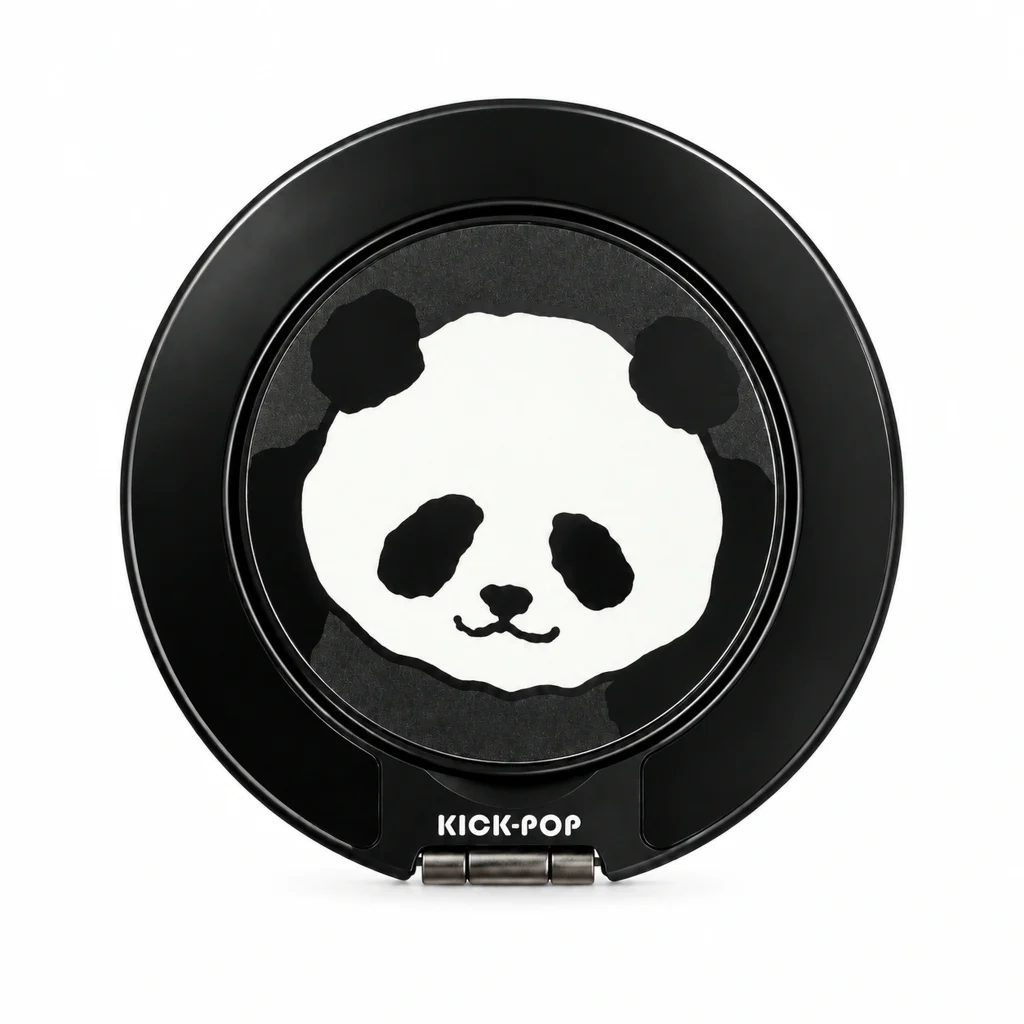 Panda Portrait Black Ring Stand — front view on a white background. AI styling visualization.