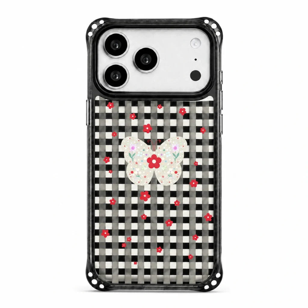 Sparkle / Noir Gingham Butterfly — back view on a white background. AI styling visualization.