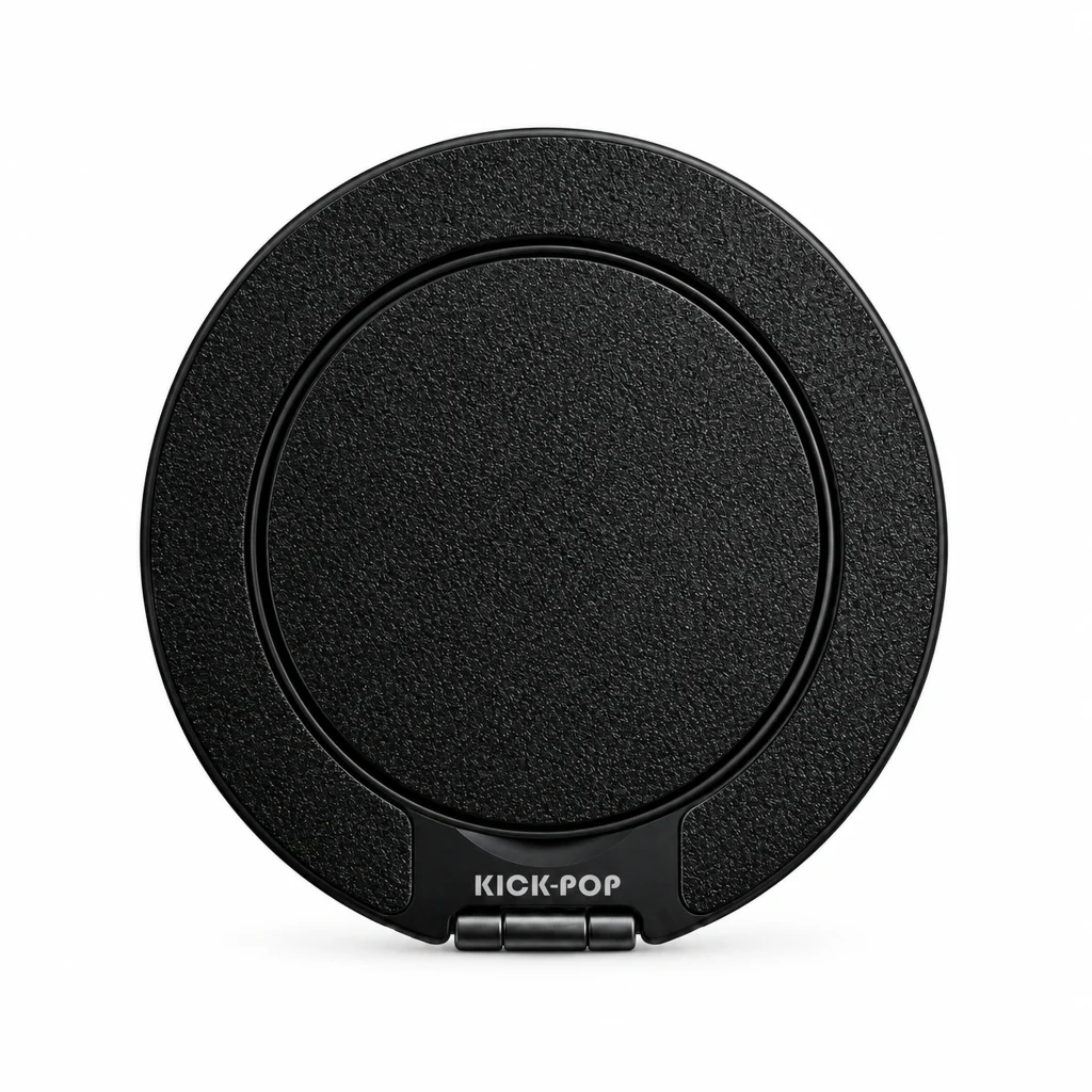 Fine Grain Black Ring Stand — front view on a white background. AI styling visualization.