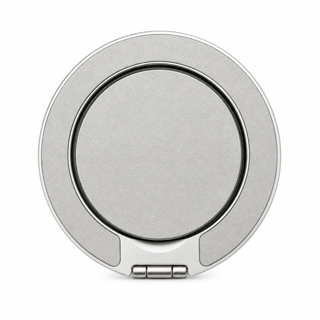 Fine Grain Silver Ring Stand — front view on a white background. AI styling visualization.