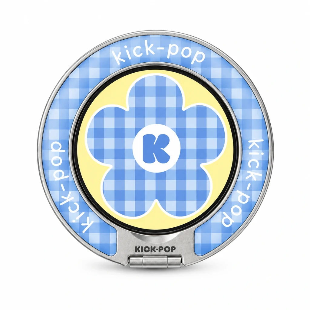 Gingham Flower Blue Ring Stand — front view on a white background. AI styling visualization.