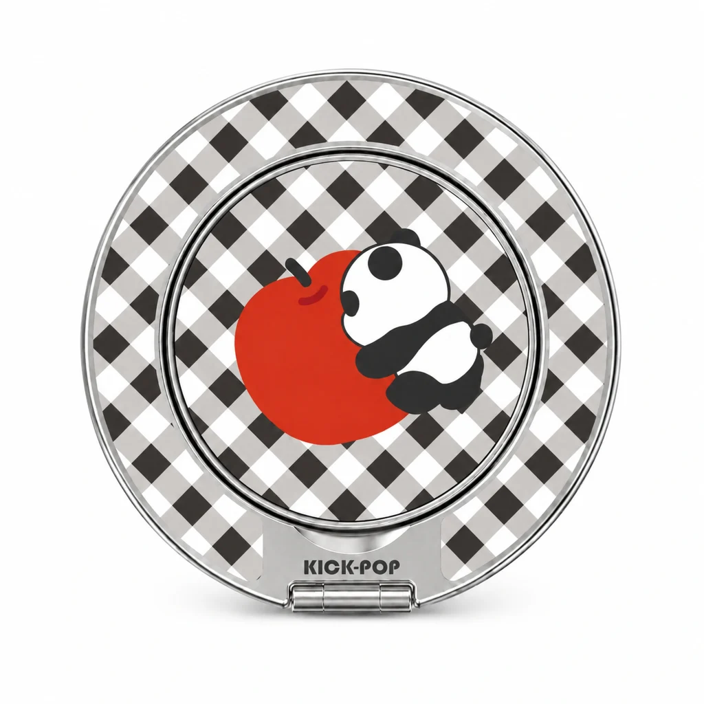 Apple Panda Check Ring Stand — front view on a white background. AI styling visualization.