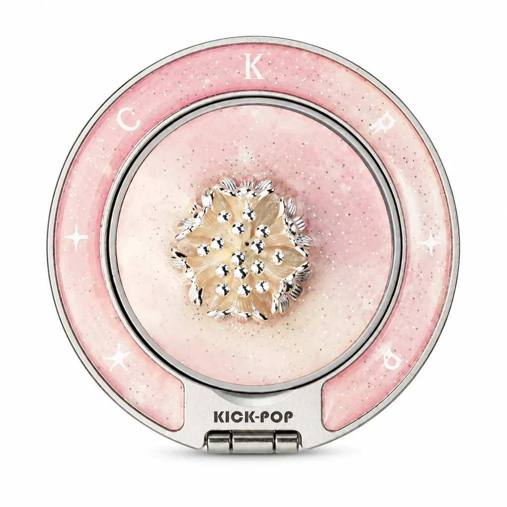 Blush Jewel Flower Ring Stand — front view on a white background. AI styling visualization.