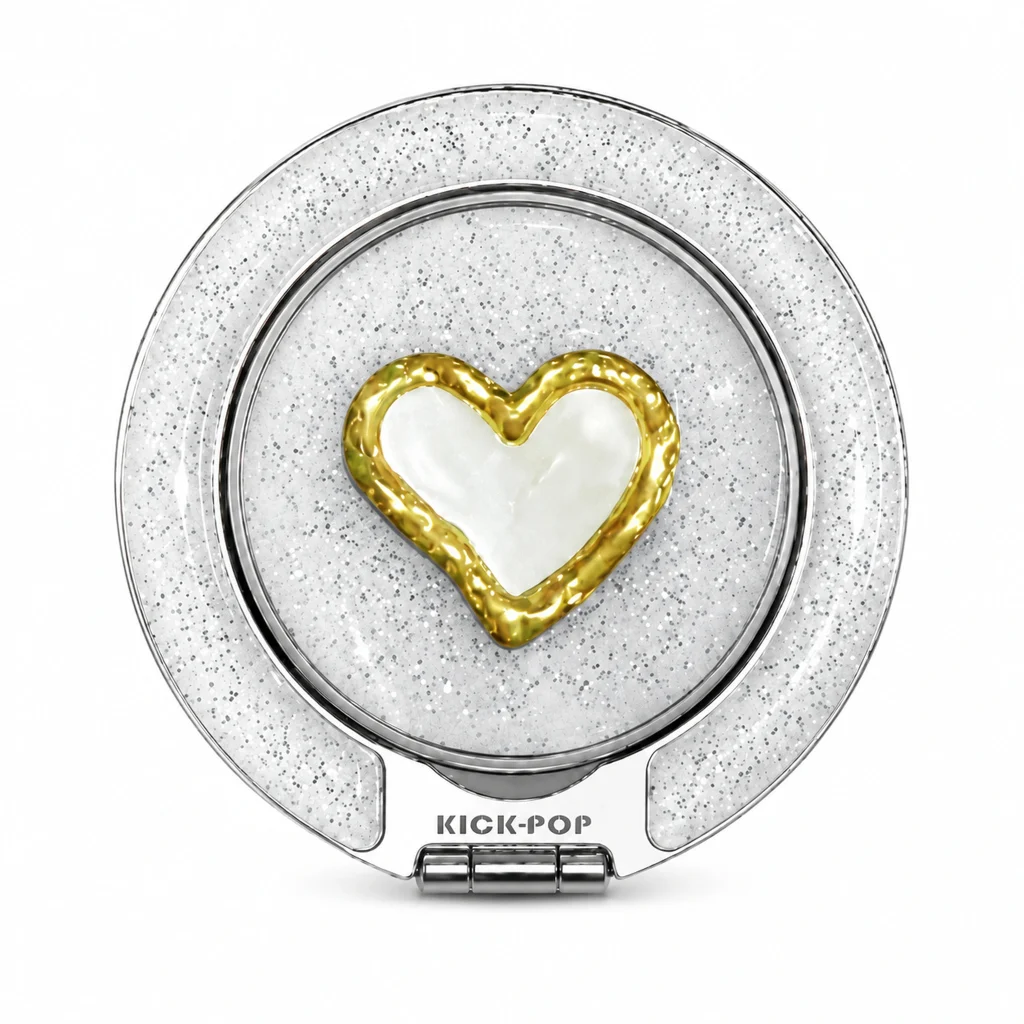 White Gold Heart Ring Stand — front view on a white background. AI styling visualization.