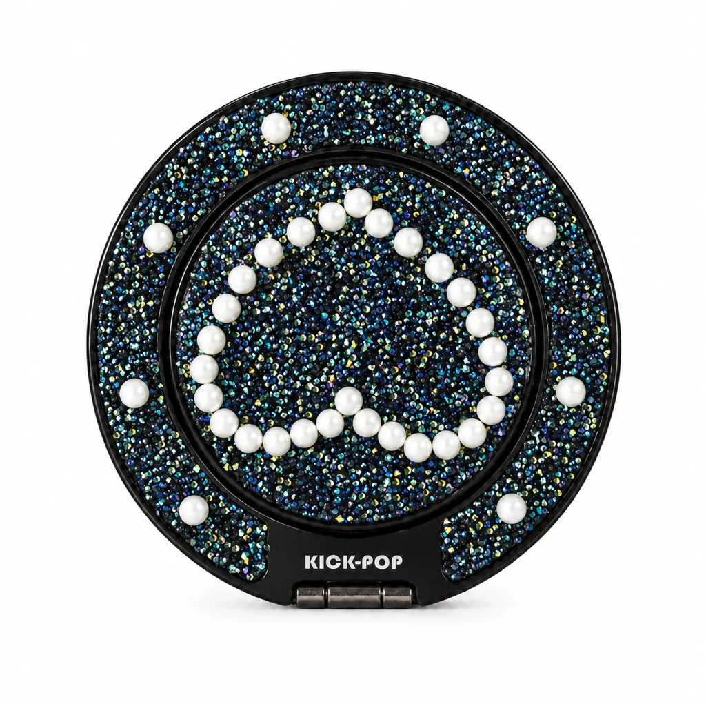Midnight Pearl Heart Ring Stand — front view on a white background. AI styling visualization.