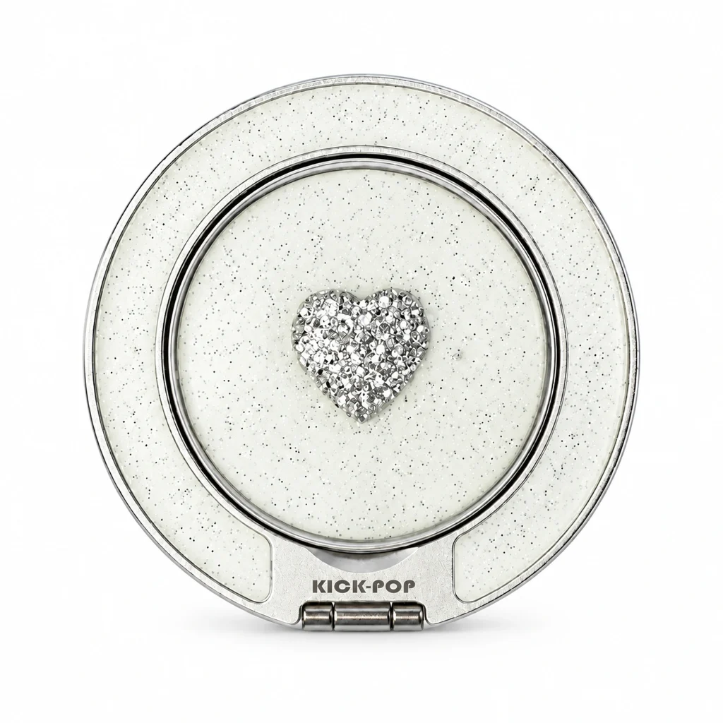 White Jewel Heart Ring Stand — front view on a white background. AI styling visualization.