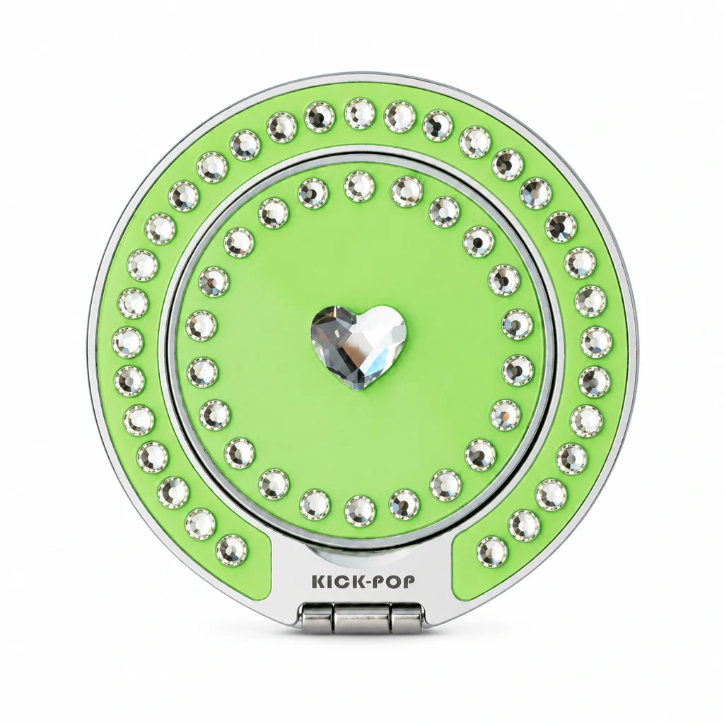 Lime Jewel Heart Ring Stand — front view on a white background. AI styling visualization.