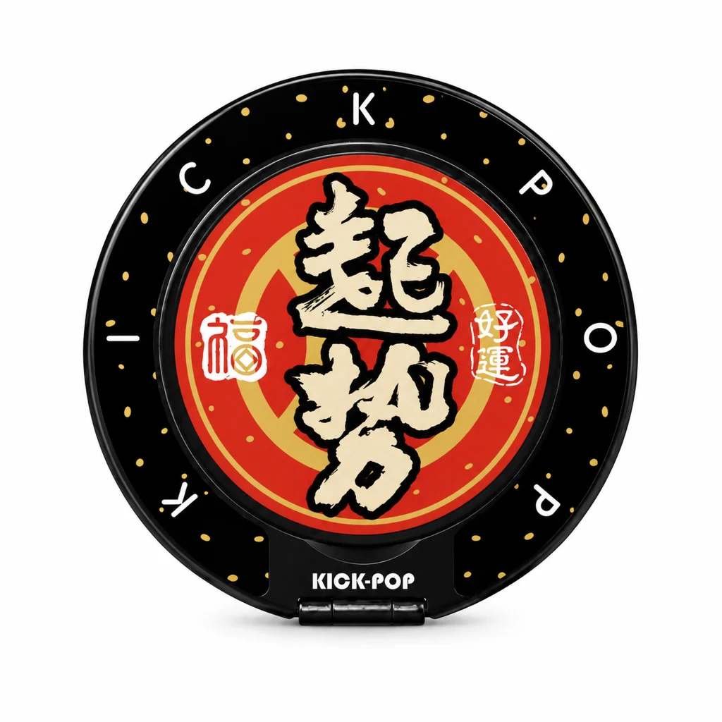Fortune Lettering Black Ring Stand — front view on a white background. AI styling visualization.
