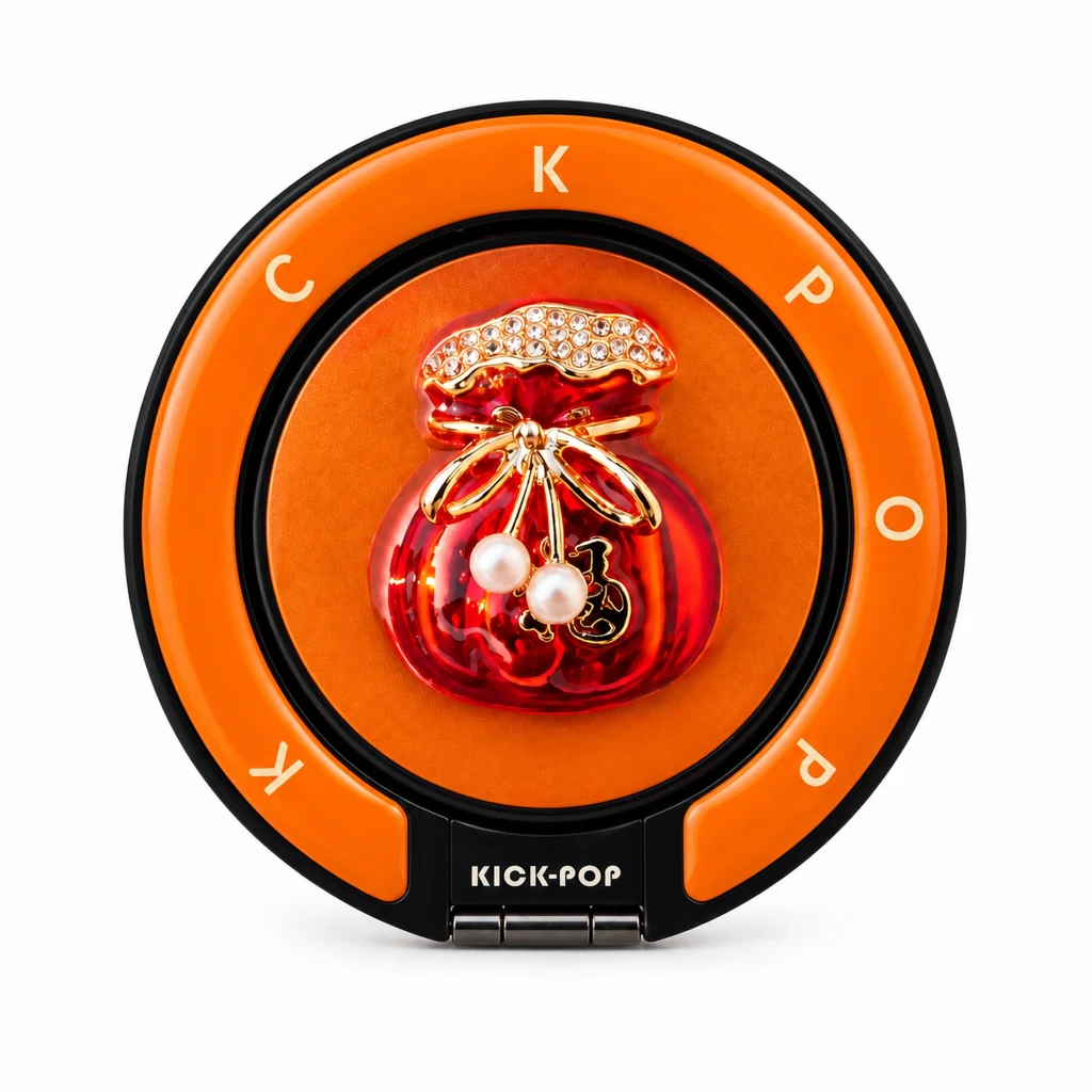 Ruby Lucky Pouch Ring Stand — front view on a white background. AI styling visualization.