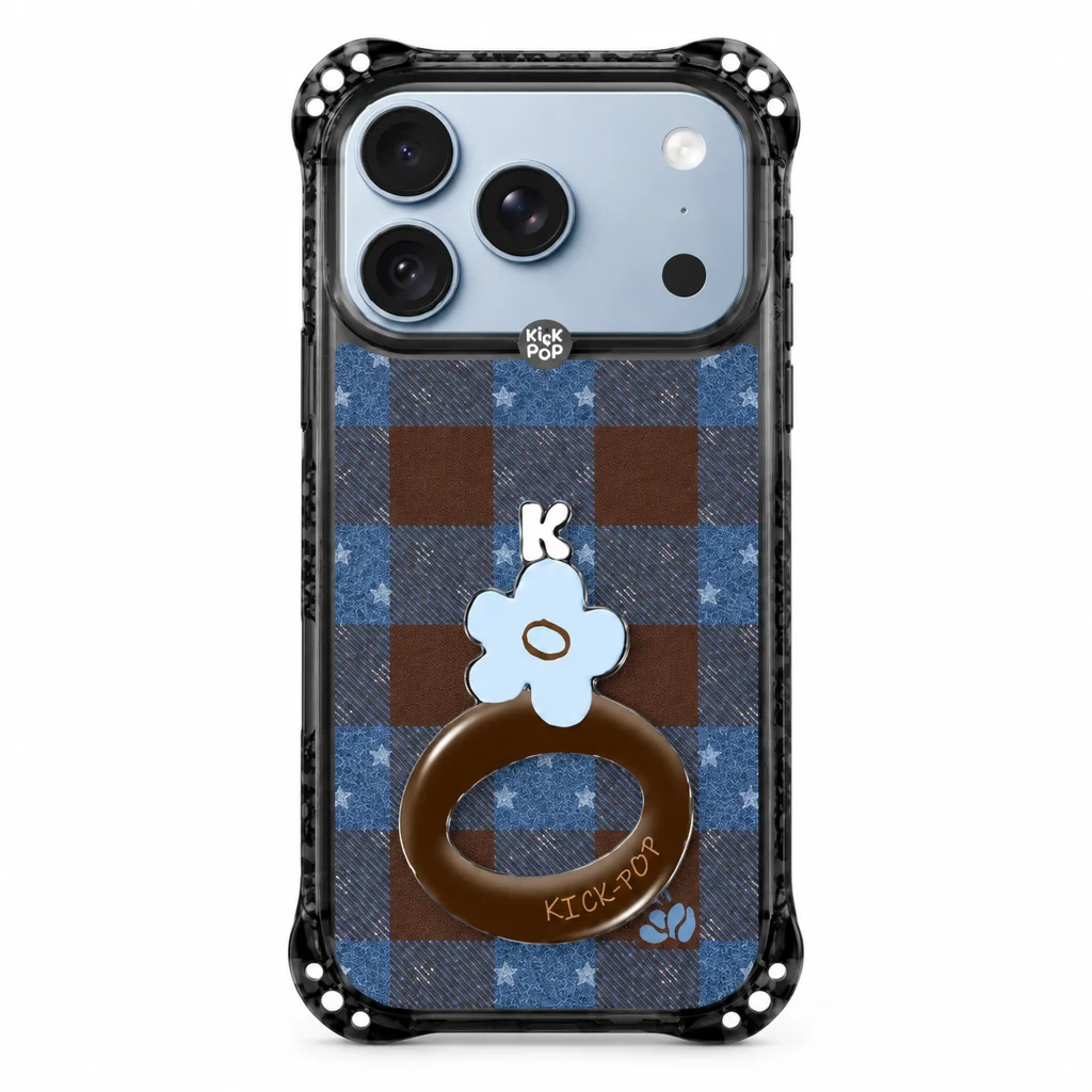Sparkle Floral Stand / Blue Brown Check — back view on a white background. AI styling visualization.