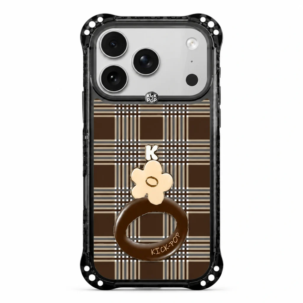 Sparkle Floral Stand / Espresso Plaid — back view on a white background. AI styling visualization.