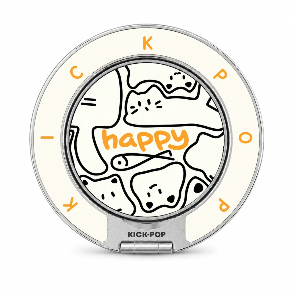 Happy Cat Doodles Ring Stand — front view on a white background. AI styling visualization.