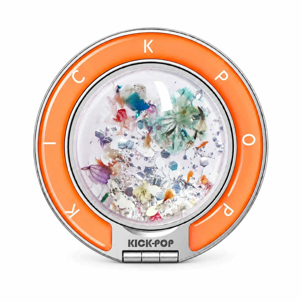 Orange Prism Confetti Ring Stand — front view on a white background. AI styling visualization.