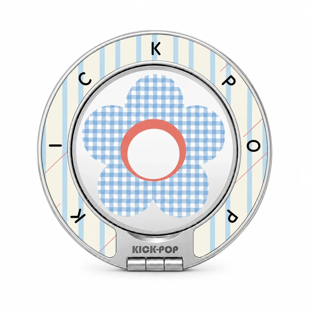 Gingham Bloom Blue Ring Stand — front view on a white background. AI styling visualization.