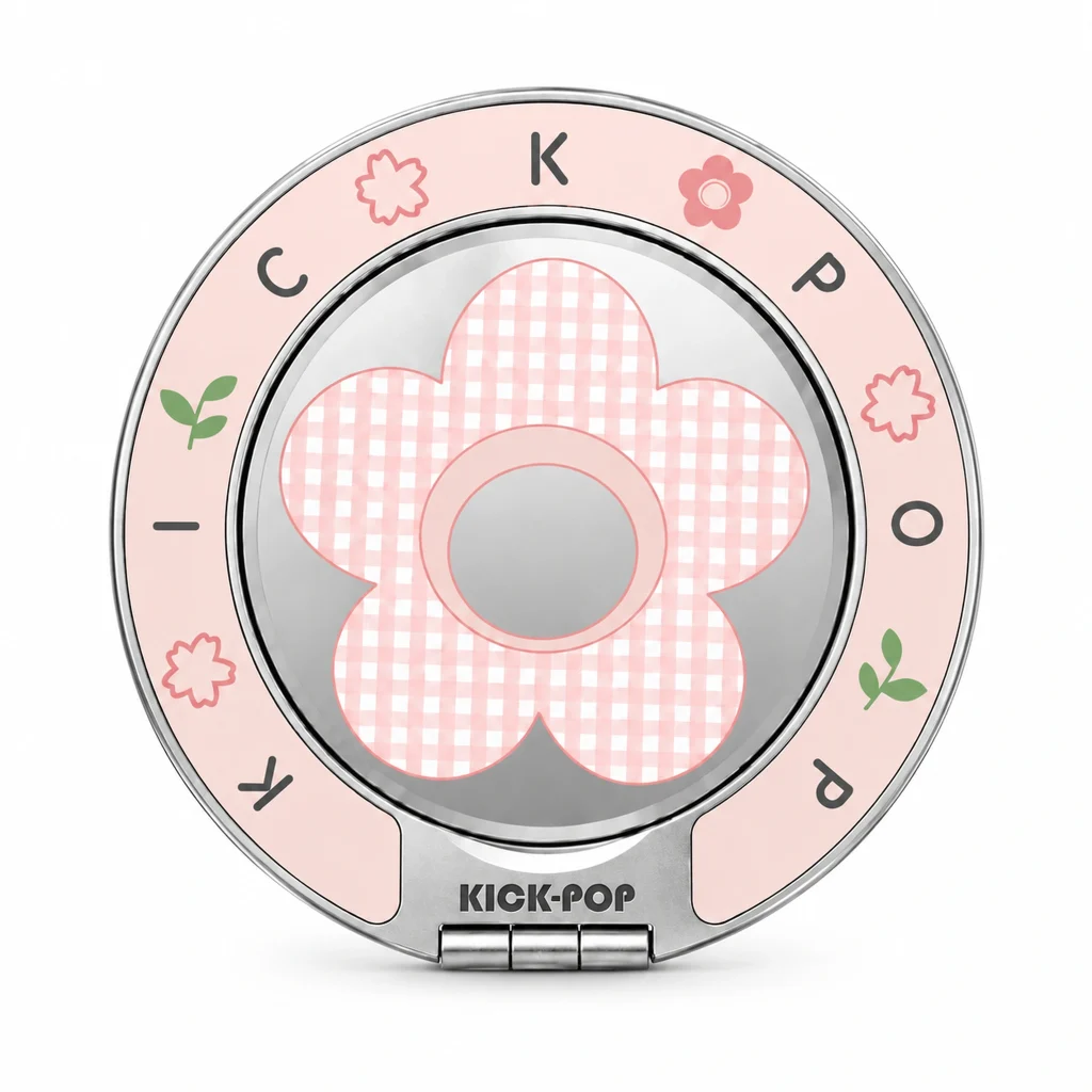 Gingham Bloom Pink Ring Stand — front view on a white background. AI styling visualization.