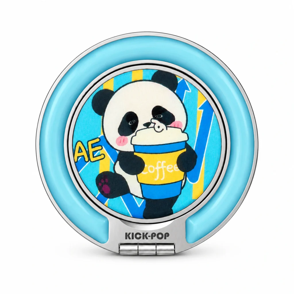 Coffee Panda Blue Ring Stand — front view on a white background. AI styling visualization.