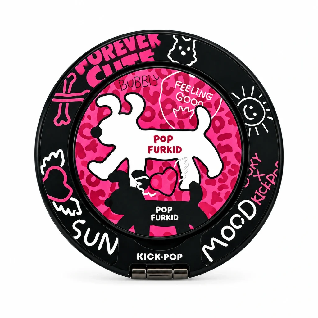 Pop Furkid Pink Ring Stand — front view on a white background. AI styling visualization.