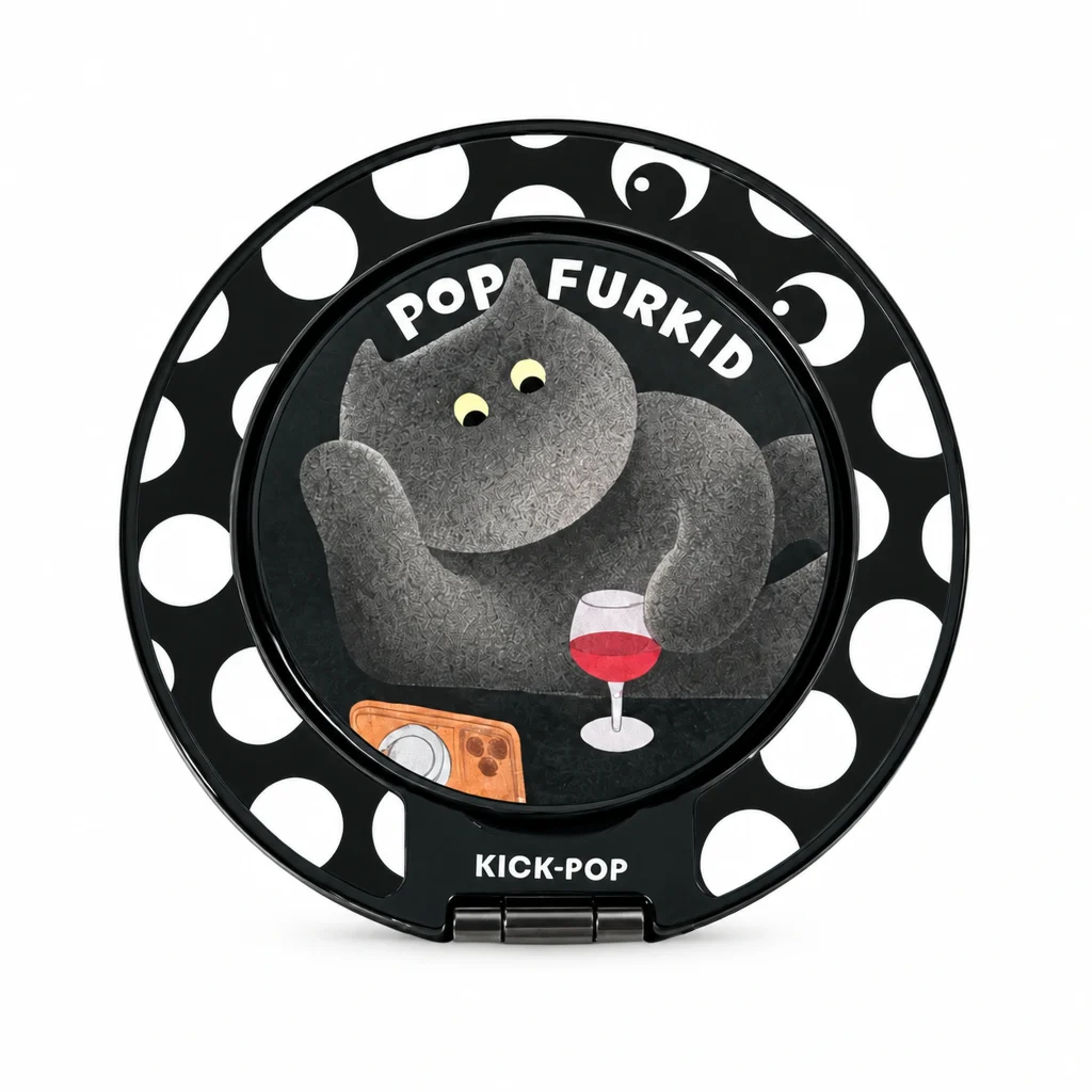 Pop Furkid Black Ring Stand — front view on a white background. AI styling visualization.