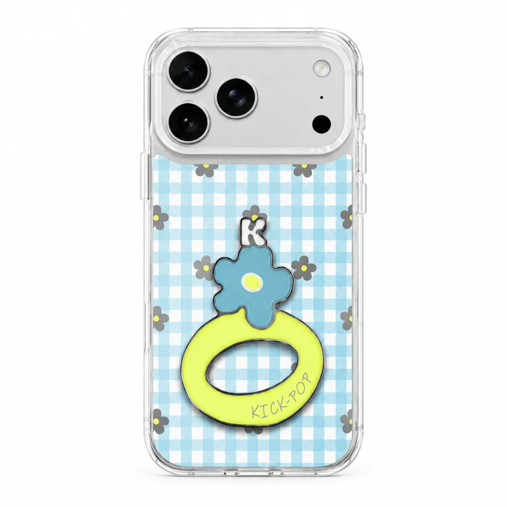 Floral Stand / Blue Gingham — back view on a white background. AI styling visualization.