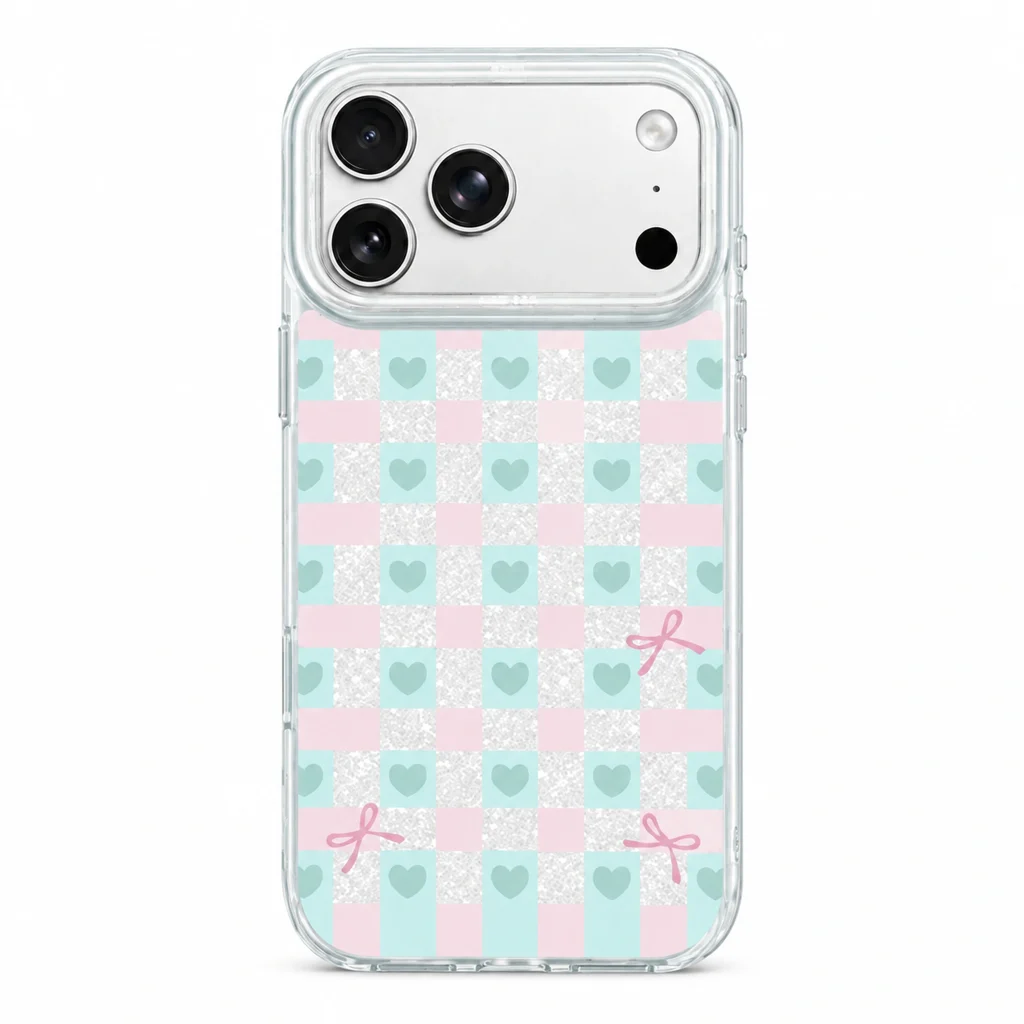 Powder Print / Mint Pink Check — back view on a white background. AI styling visualization.