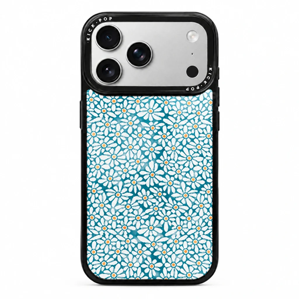 Glossy Graphic / Blue Daisy — back view on a white background. AI styling visualization.