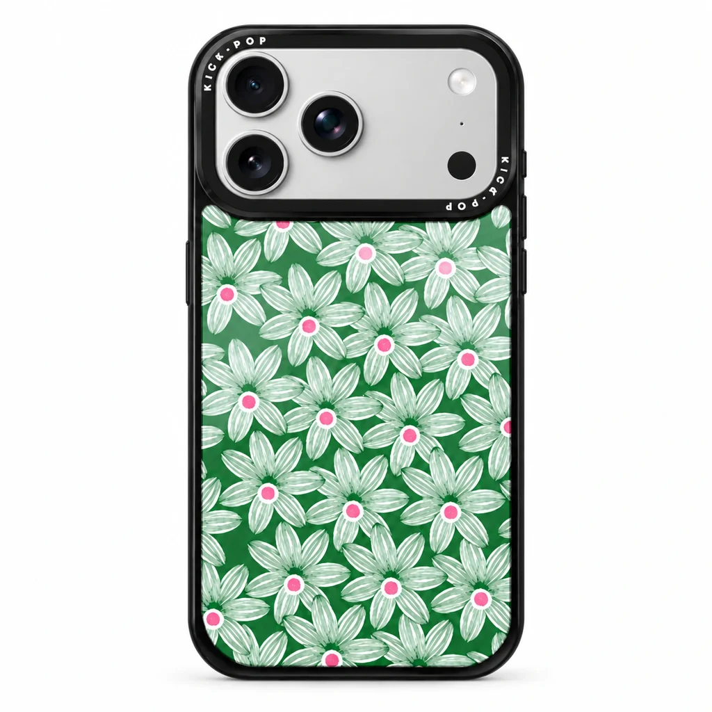 Glossy Graphic / Green Daisy — back view on a white background. AI styling visualization.