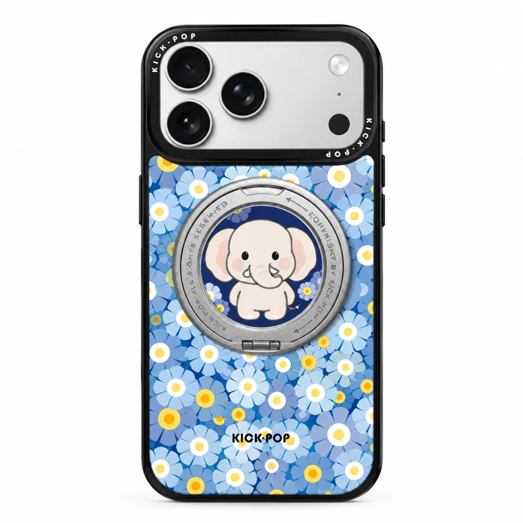 Rotating Ring / Blue Elephant Floral — back view on a white background. AI styling visualization.