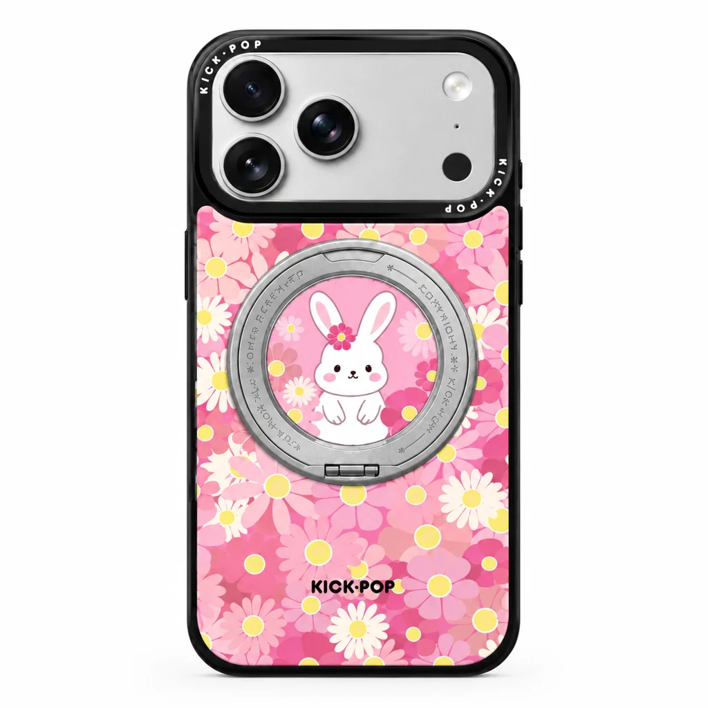 Rotating Ring / Pink Bunny Floral — back view on a white background. AI styling visualization.