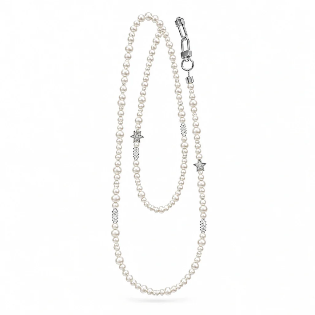 Cloud Star Long Strap — the complete original accessory and its separate pieces on white. AI styling visualization.